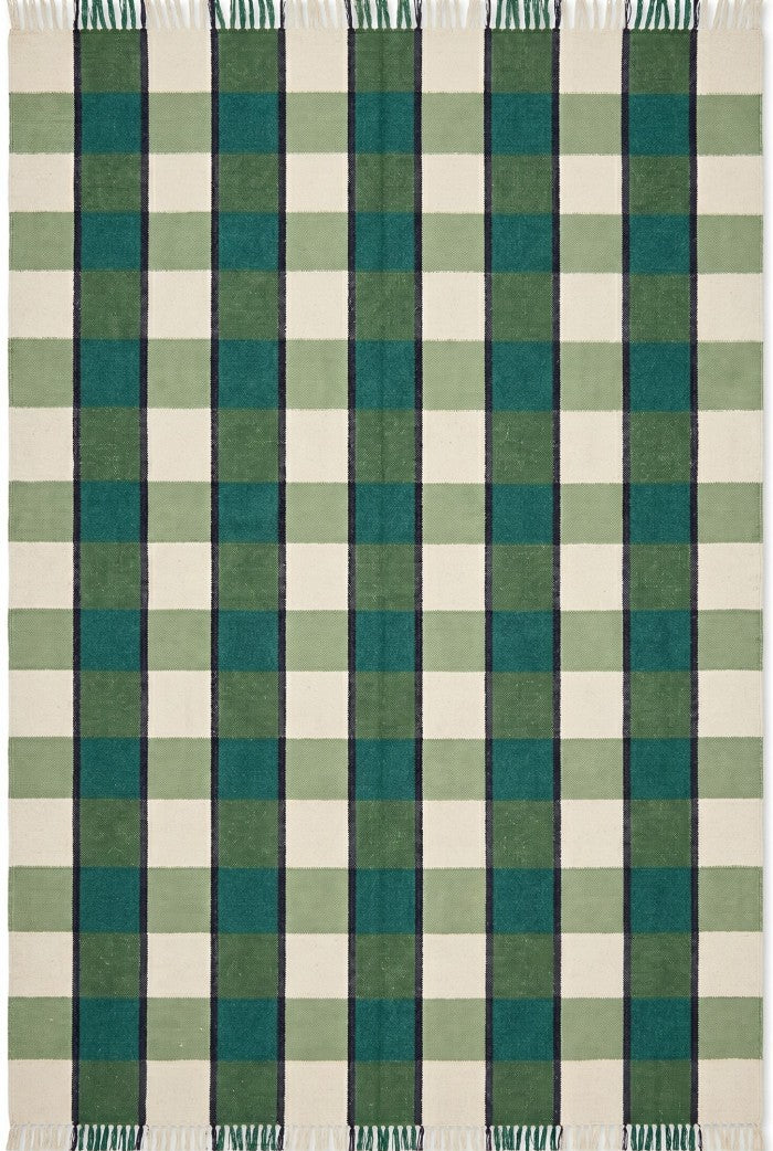 Forest Gingham Plaid Green Checkered Wool Cotton Dhurrie Rug