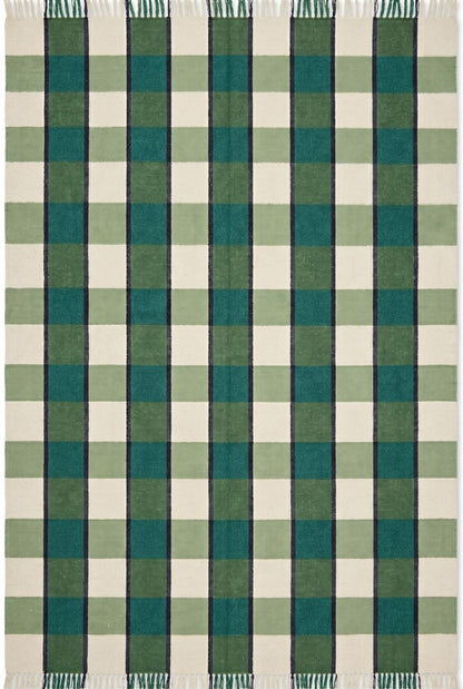 Forest Gingham Plaid Green Checkered Wool Cotton Dhurrie Rug