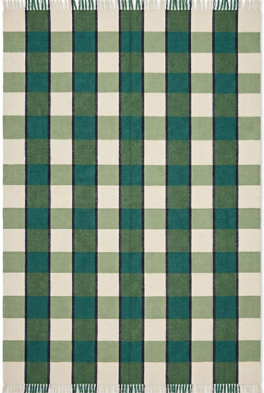Forest Gingham Plaid Green Checkered Wool Cotton Dhurrie Rug