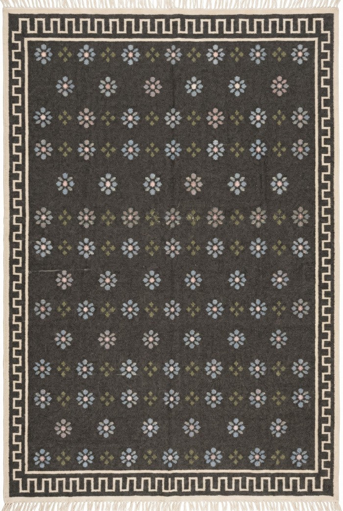 Charcoal Greek Rosette Premium Black & Cream Wool Cotton Dhurrie Rug