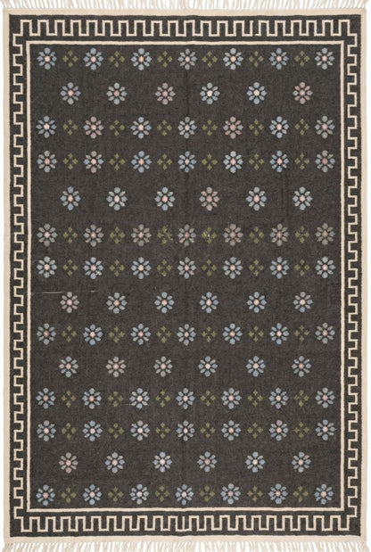Charcoal Greek Rosette Premium Black & Cream Wool Cotton Dhurrie Rug