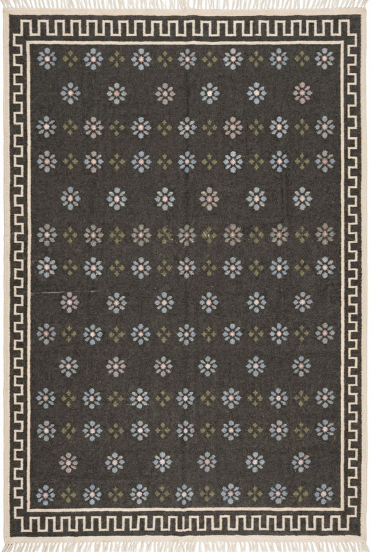 Charcoal Greek Rosette Premium Black & Cream Wool Cotton Dhurrie Rug