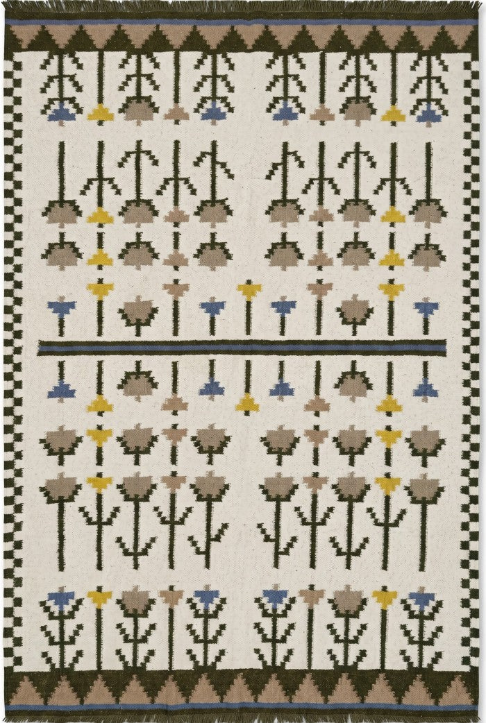 Nordic Thistle Garden Olive Green & Muted Yellow Wool Cotton Dhurrie Rug