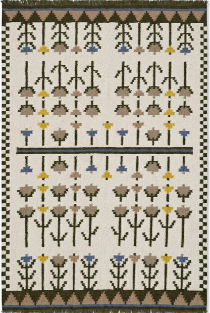Nordic Thistle Garden Olive Green & Muted Yellow Wool Cotton Dhurrie Rug