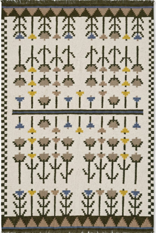 Nordic Thistle Garden Olive Green & Muted Yellow Wool Cotton Dhurrie Rug