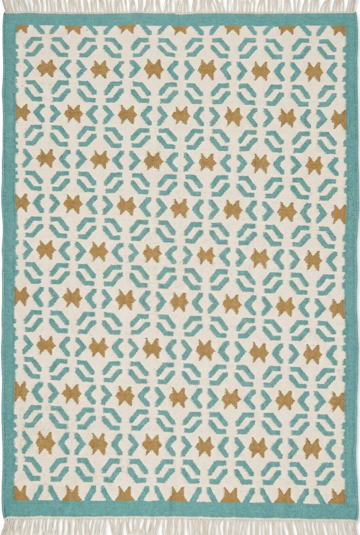 Teal Sunburst Trellis Aqua Mint Green, Ochre & Cream Cotton Wool Dhurrie