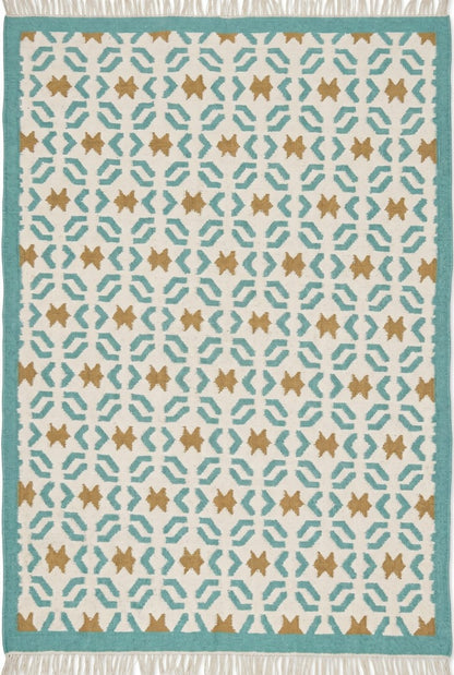 Teal Sunburst Trellis Aqua Mint Green, Ochre & Cream Cotton Wool Dhurrie