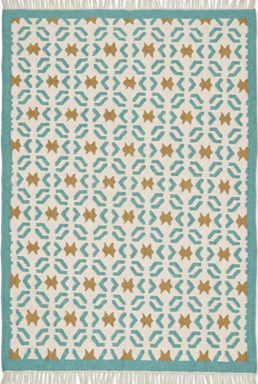 Teal Sunburst Trellis Aqua Mint Green, Ochre & Cream Cotton Wool Dhurrie