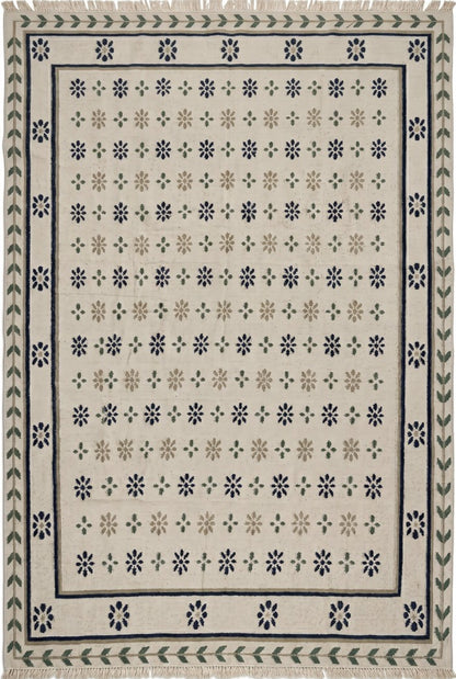 Nordic Navy Rosette Heritage Elegant Chevron Vine Border Flatweave rug
