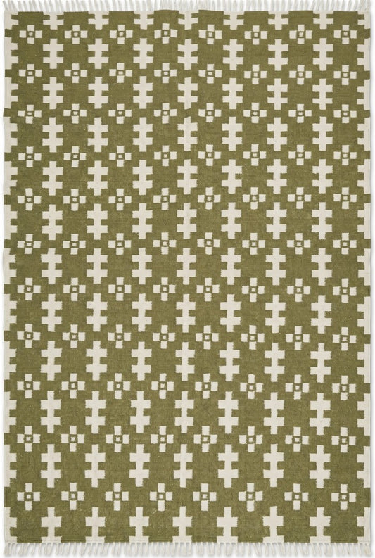 Olive Geometric Cross Handwoven Traditional Pattern Rug