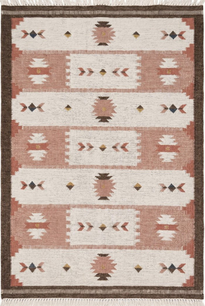 Terracotta Desert Rose Traditional Blush Pink & Cream Wool Cotton Dhurrie Rug