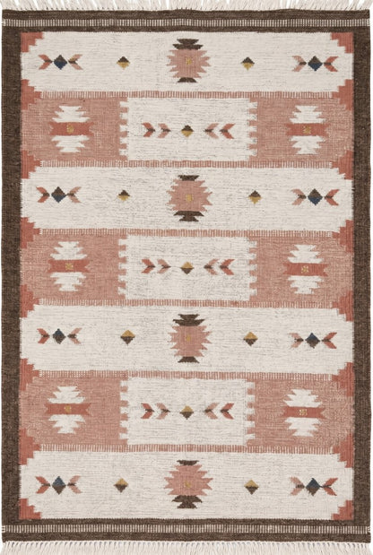 Terracotta Desert Rose Traditional Blush Pink & Cream Wool Cotton Dhurrie Rug