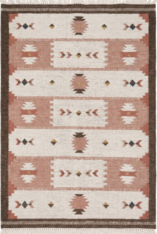 Terracotta Desert Rose Traditional Blush Pink & Cream Wool Cotton Dhurrie Rug