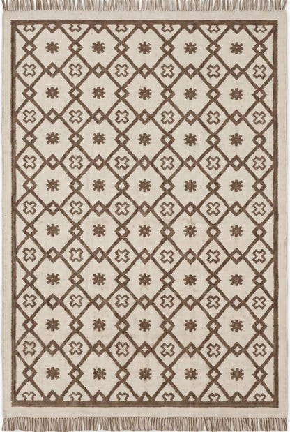 Earth Brown Clover Trellis Brown & Cream Wool Cotton Dhurrie Rug