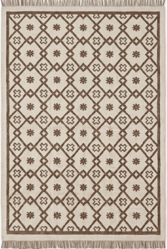 Earth Brown Clover Trellis Brown & Cream Wool Cotton Dhurrie Rug