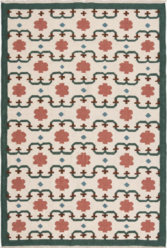 Emerald & Terracotta Clover Trellis Handwoven Symmetrical Floral Rug