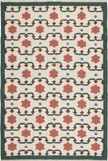 Emerald & Terracotta Clover Trellis Handwoven Symmetrical Floral Rug