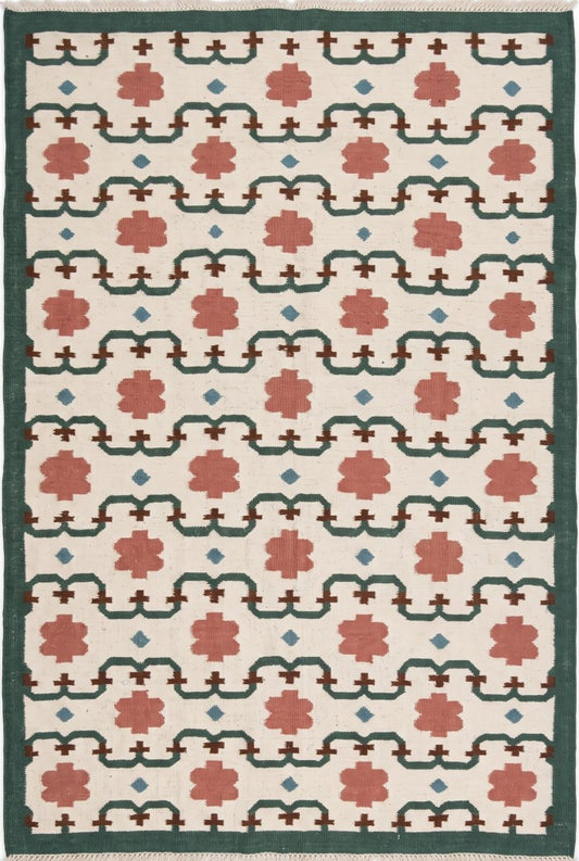 Emerald & Terracotta Clover Trellis Handwoven Symmetrical Floral Rug