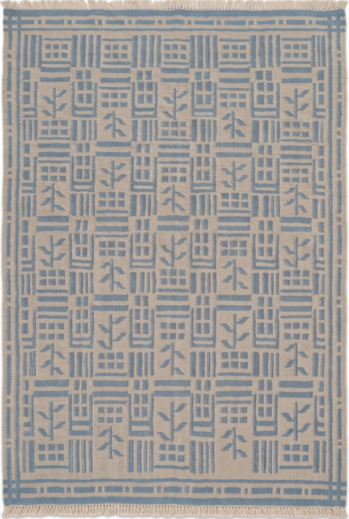 Denim Twig Lattice Blue & Beige Wool Cotton Dhurrie Rug