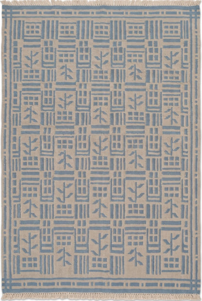 Denim Twig Lattice Blue & Beige Wool Cotton Dhurrie Rug