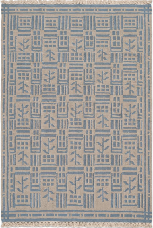 Denim Twig Lattice Blue & Beige Wool Cotton Dhurrie Rug