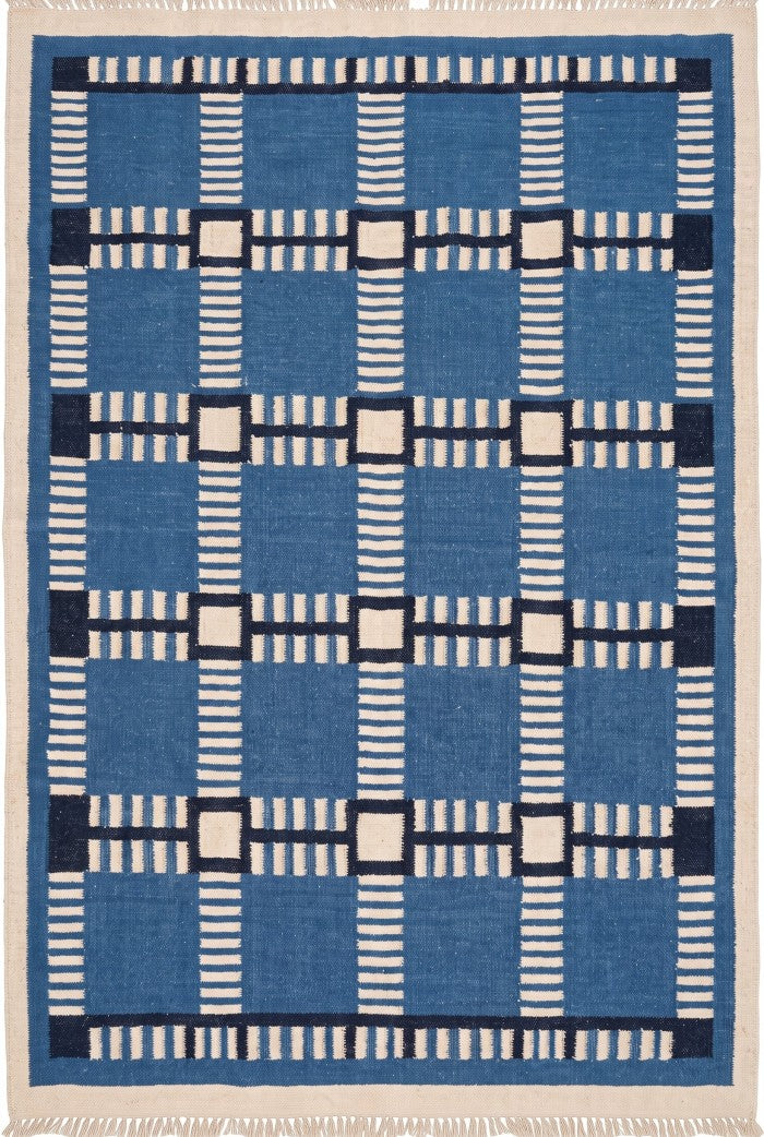 Cobalt Matrix Grid Wool Cotton Dhurrie Rug