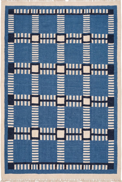 Cobalt Matrix Grid Wool Cotton Dhurrie Rug
