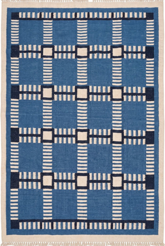 Cobalt Matrix Grid Wool Cotton Dhurrie Rug