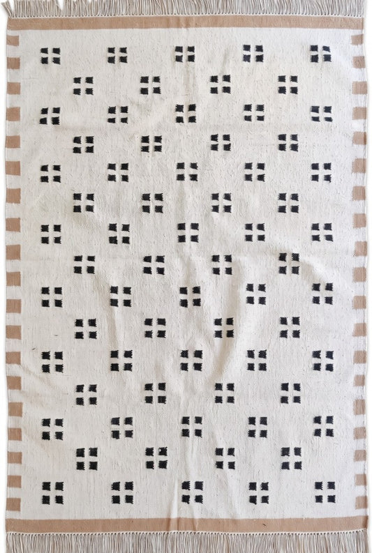Minimalist Tan & Charcoal Dot Geometric Pixel Block Flatweave Area Rug