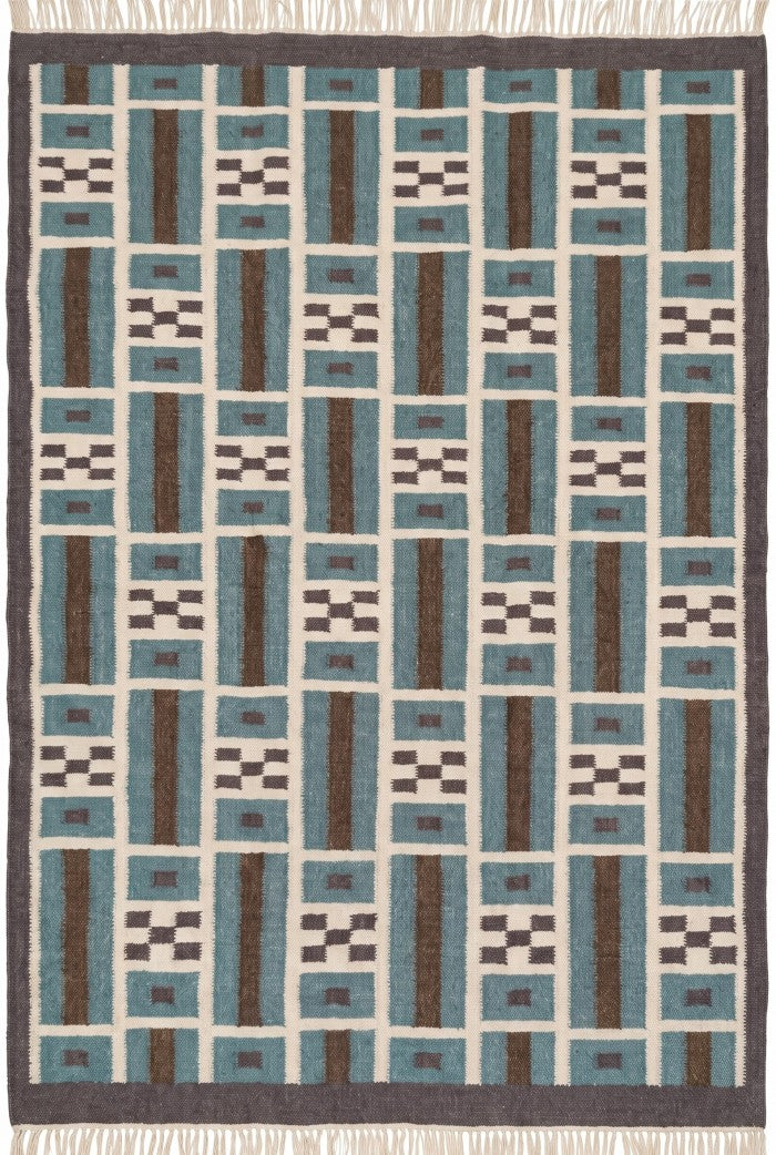 Teal Earth Block Grid Brown Wool Cotton Dhurrie Rug