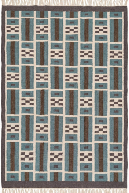 Teal Earth Block Grid Brown Wool Cotton Dhurrie Rug