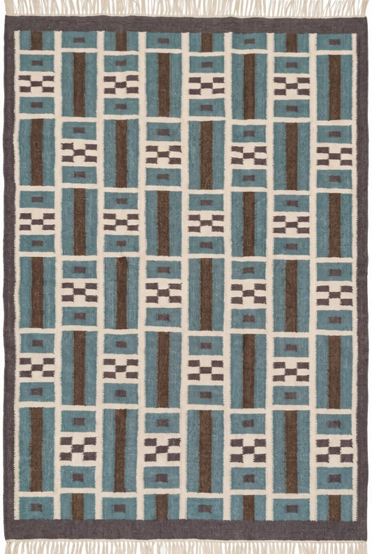 Teal Earth Block Grid Brown Wool Cotton Dhurrie Rug