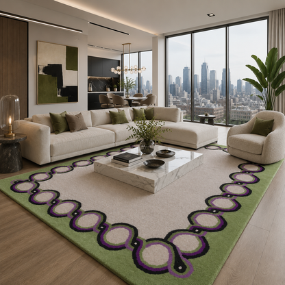 Olive Green & Cream Bordered Tufted Wool Area Rug