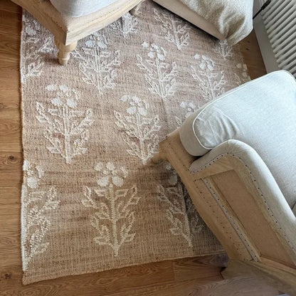 Handwoven Floral Medallion  Jute & Wool Rug