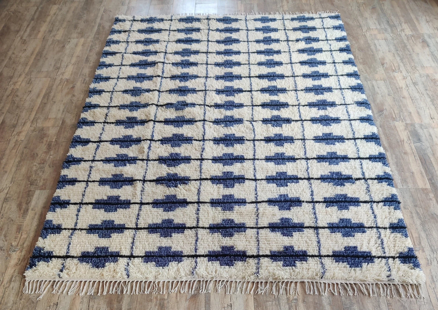 Blue and White Contemporary Cozy Hand Knotted Grid Pattern Moroccan Wool Shag Rug