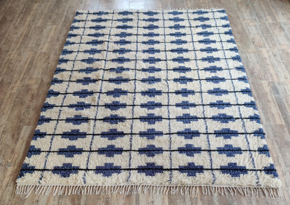 Blue and White Contemporary Cozy Hand Knotted Grid Pattern Moroccan Wool Shag Rug