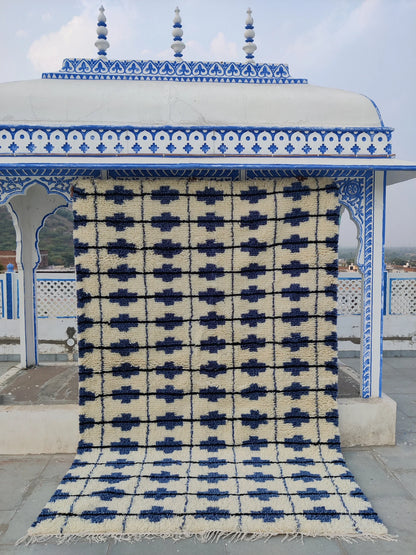 Blue and White Contemporary Cozy Hand Knotted Grid Pattern Moroccan Wool Shag Rug