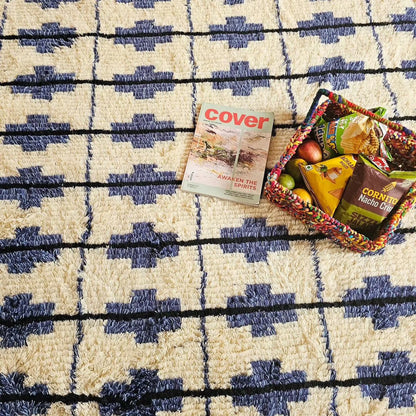 Blue and White Contemporary Cozy Hand Knotted Grid Pattern Moroccan Wool Shag Rug
