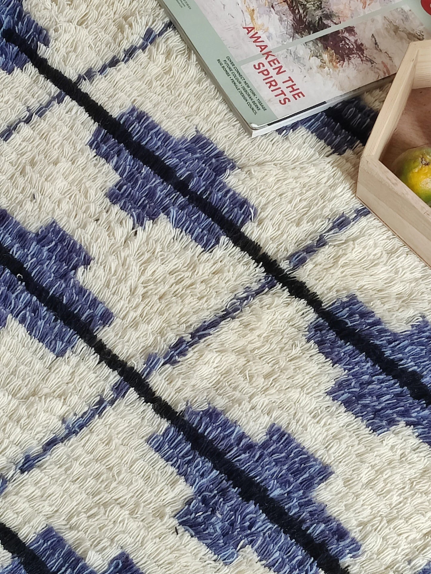 Blue and White Contemporary Cozy Hand Knotted Grid Pattern Moroccan Wool Shag Rug