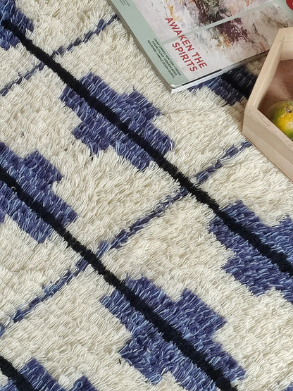 Blue and White Contemporary Cozy Hand Knotted Grid Pattern Moroccan Wool Shag Rug