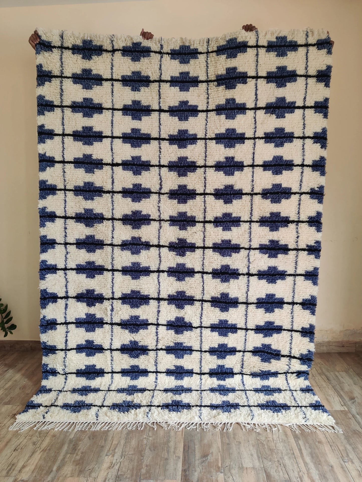 Blue and White Contemporary Cozy Hand Knotted Grid Pattern Moroccan Wool Shag Rug