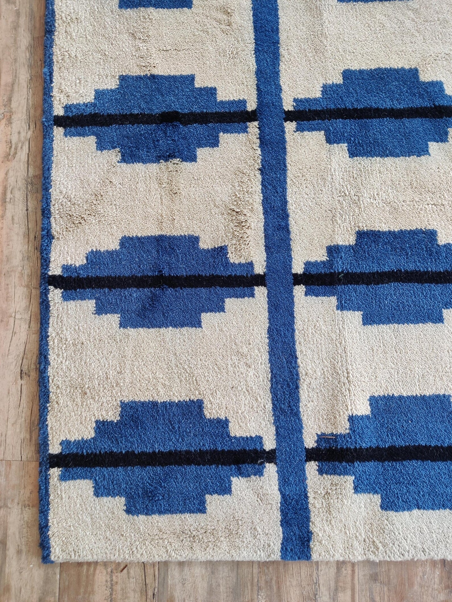 Contemporary Indigo Blue Geometric Wool Moroccan  Hand knotted Shag Area Rug for Bedroom and Living Room and Dining
