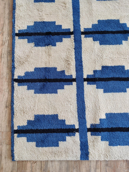 Contemporary Indigo Blue Geometric Wool Moroccan  Hand knotted Shag Area Rug for Bedroom and Living Room and Dining