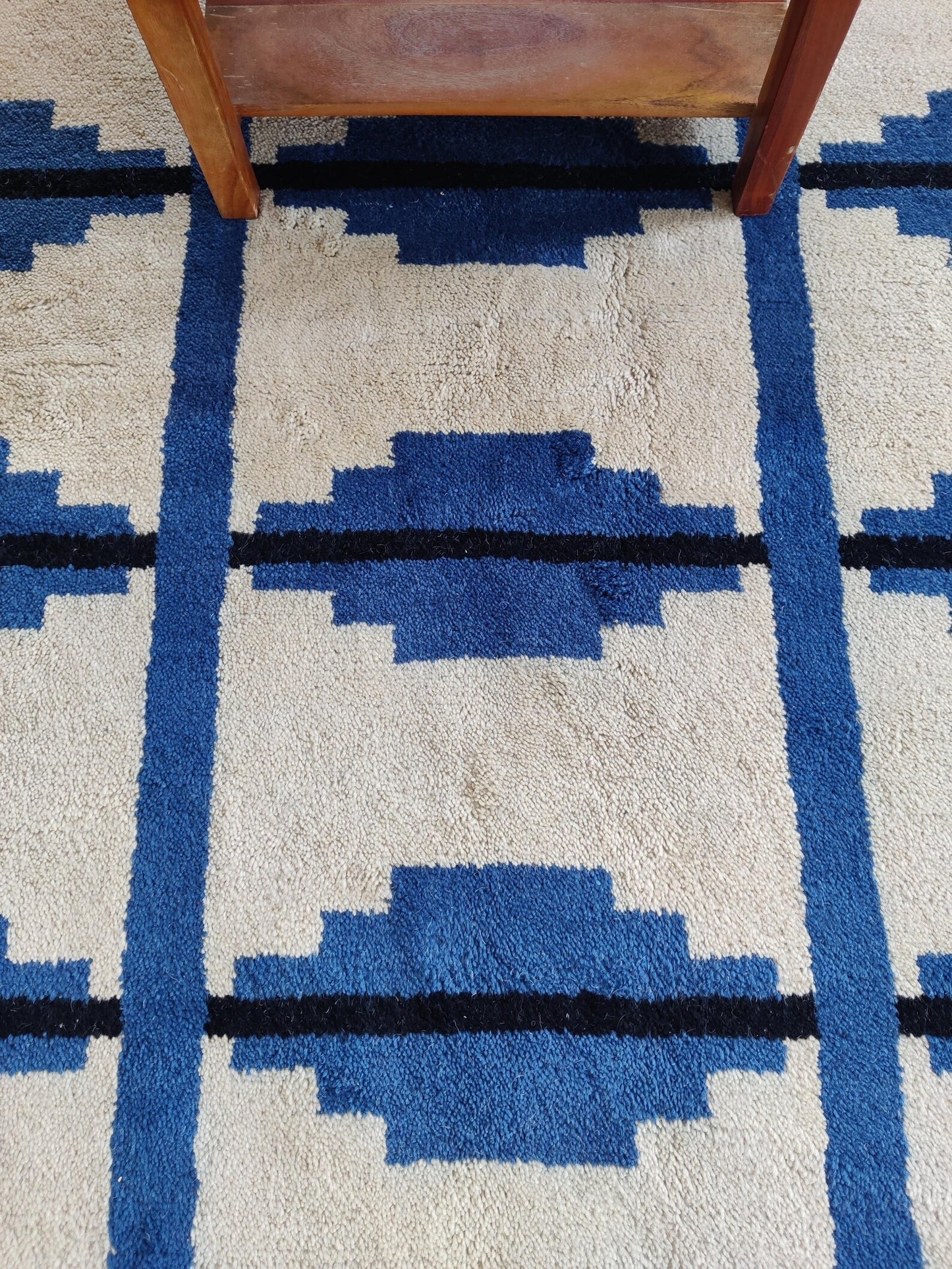 Contemporary Indigo Blue Geometric Wool Moroccan  Hand knotted Shag Area Rug for Bedroom and Living Room and Dining