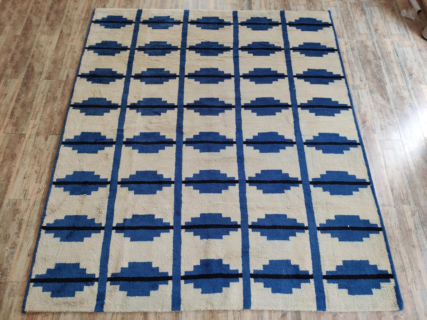 Contemporary Indigo Blue Geometric Wool Moroccan  Hand knotted Shag Area Rug for Bedroom and Living Room and Dining