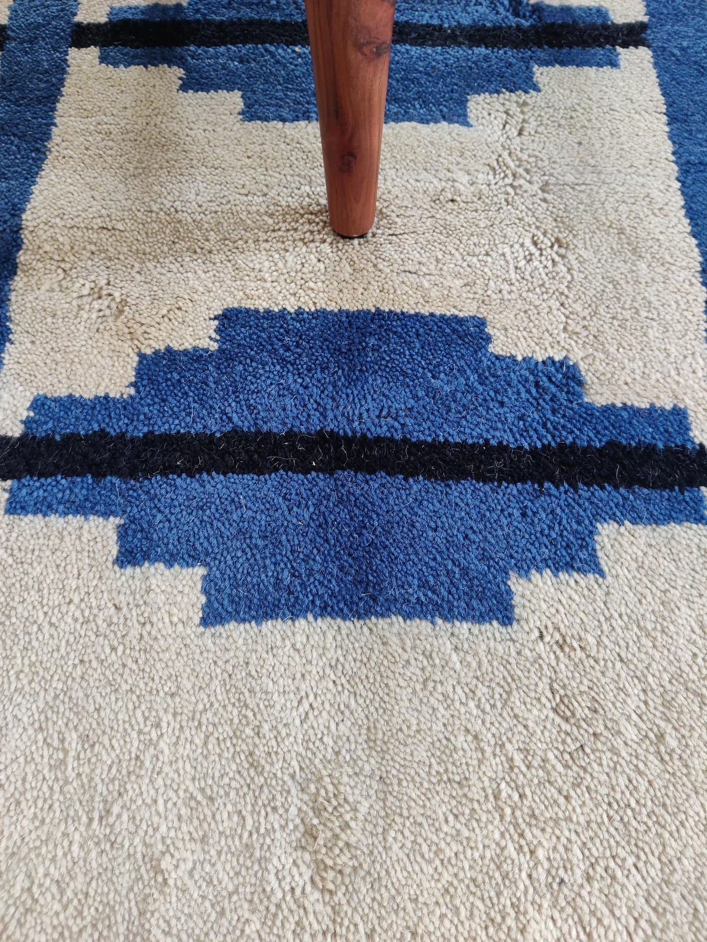 Contemporary Indigo Blue Geometric Wool Moroccan  Hand knotted Shag Area Rug for Bedroom and Living Room and Dining