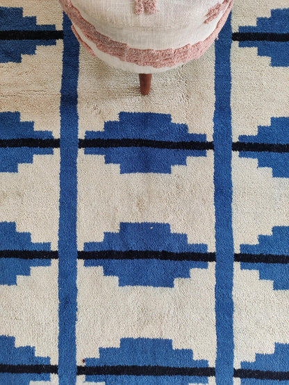 Contemporary Indigo Blue Geometric Wool Moroccan  Hand knotted Shag Area Rug for Bedroom and Living Room and Dining
