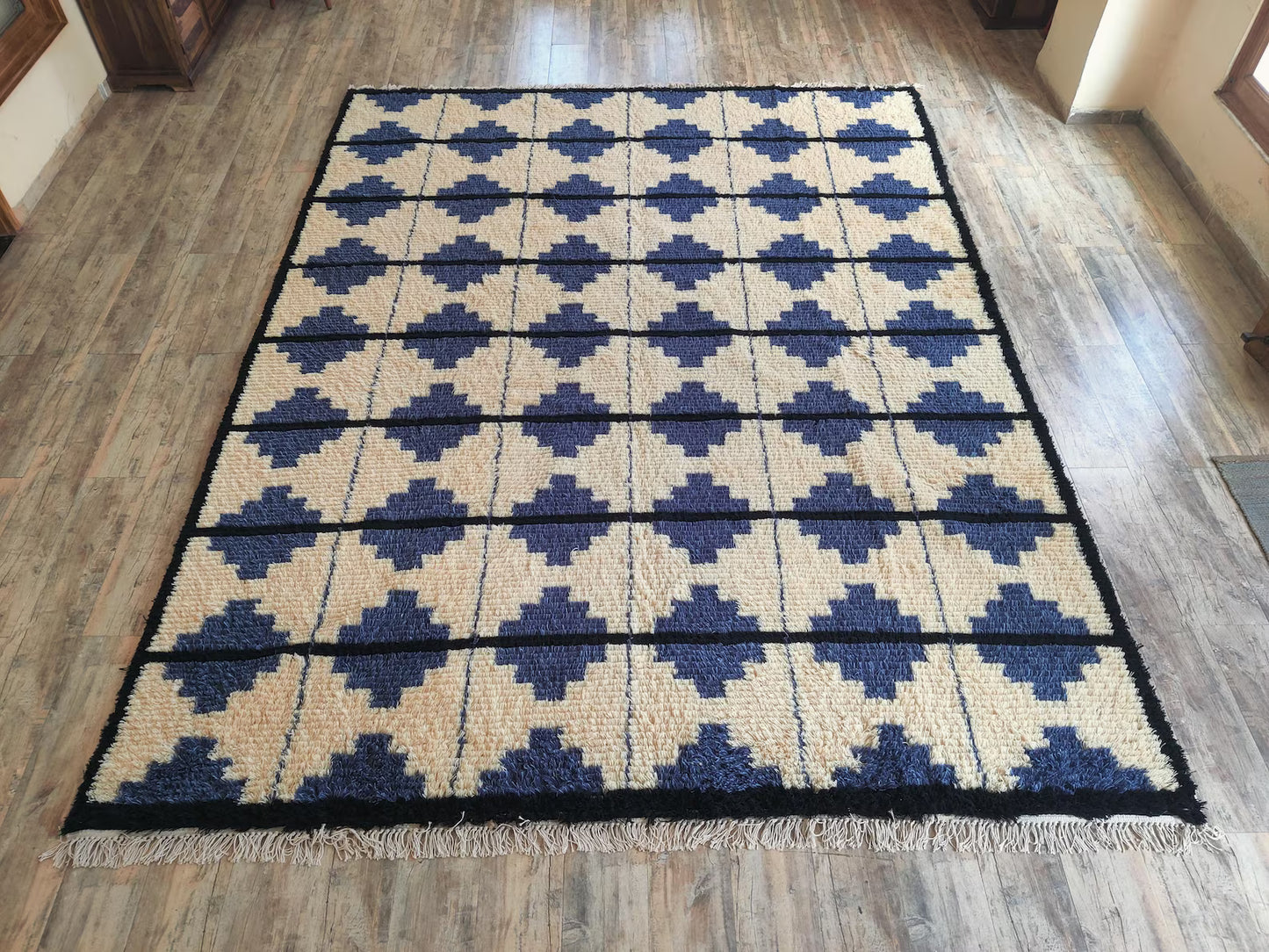 Blue Classic Moroccan Shag Diamond Pattern New Zealand Hand Knotted Wool Rug