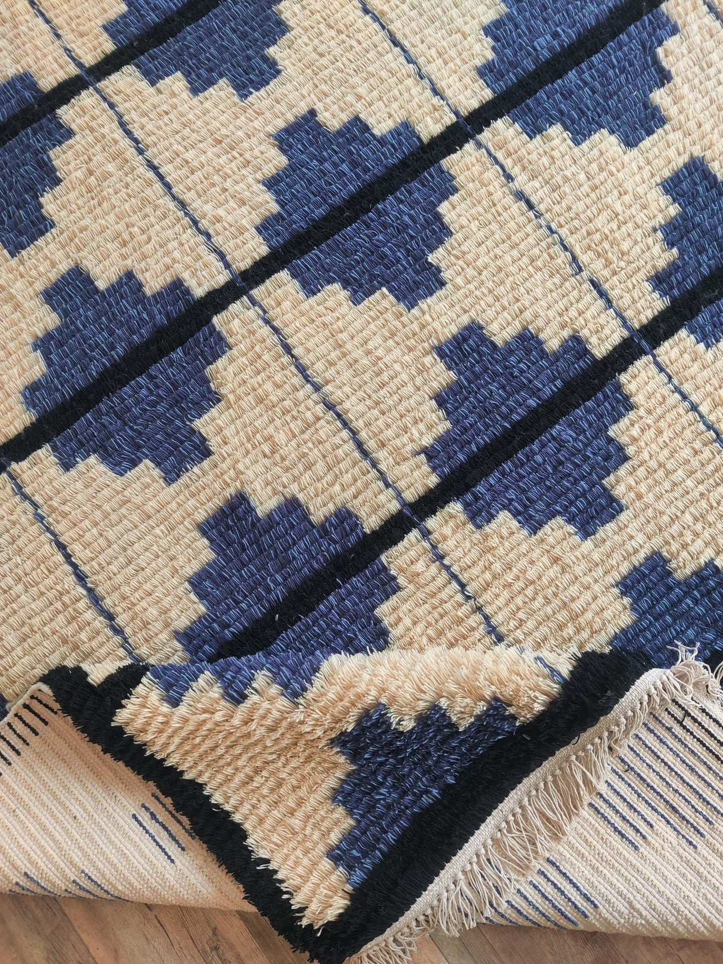 Blue Classic Moroccan Shag Diamond Pattern New Zealand Hand Knotted Wool Rug