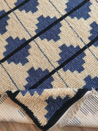 Blue Classic Moroccan Shag Diamond Pattern New Zealand Hand Knotted Wool Rug